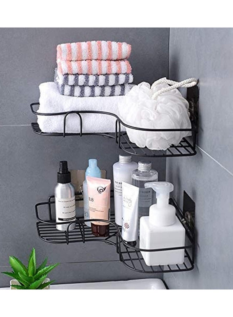 رف حمام 2 قطعة مثالي لتخزين أدوات التجميل، رف معدني لاصق على الحائط وفي الزاوية، رف تخزين وحامل للشامبو، للمطبخ والحمام ستانلس ستيل، (عبوة من قطعتين) أسود - Image 4