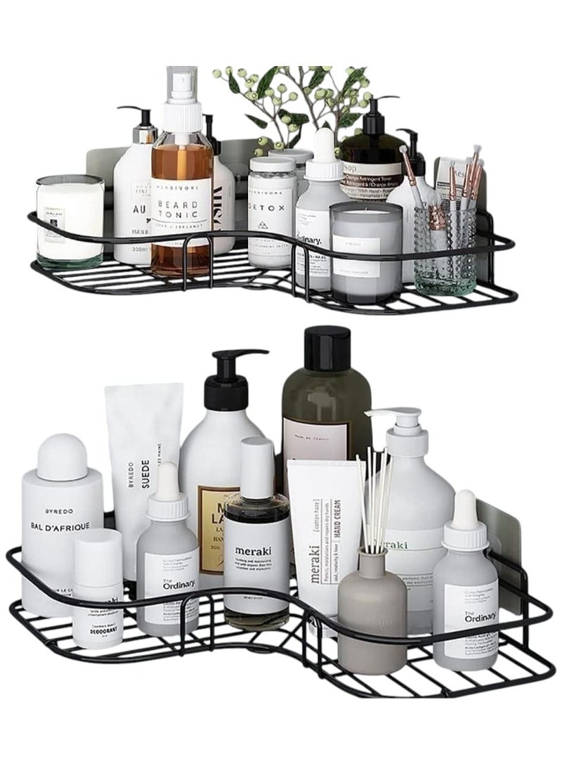رف حمام 2 قطعة مثالي لتخزين أدوات التجميل، رف معدني لاصق على الحائط وفي الزاوية، رف تخزين وحامل للشامبو، للمطبخ والحمام ستانلس ستيل، (عبوة من قطعتين) أسود - Image 1