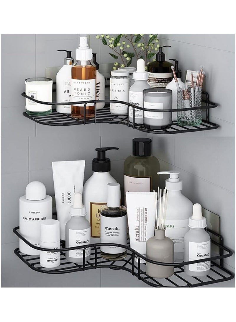 رف حمام 2 قطعة مثالي لتخزين أدوات التجميل، رف معدني لاصق على الحائط وفي الزاوية، رف تخزين وحامل للشامبو، للمطبخ والحمام ستانلس ستيل، (عبوة من قطعتين) أسود - Image 3