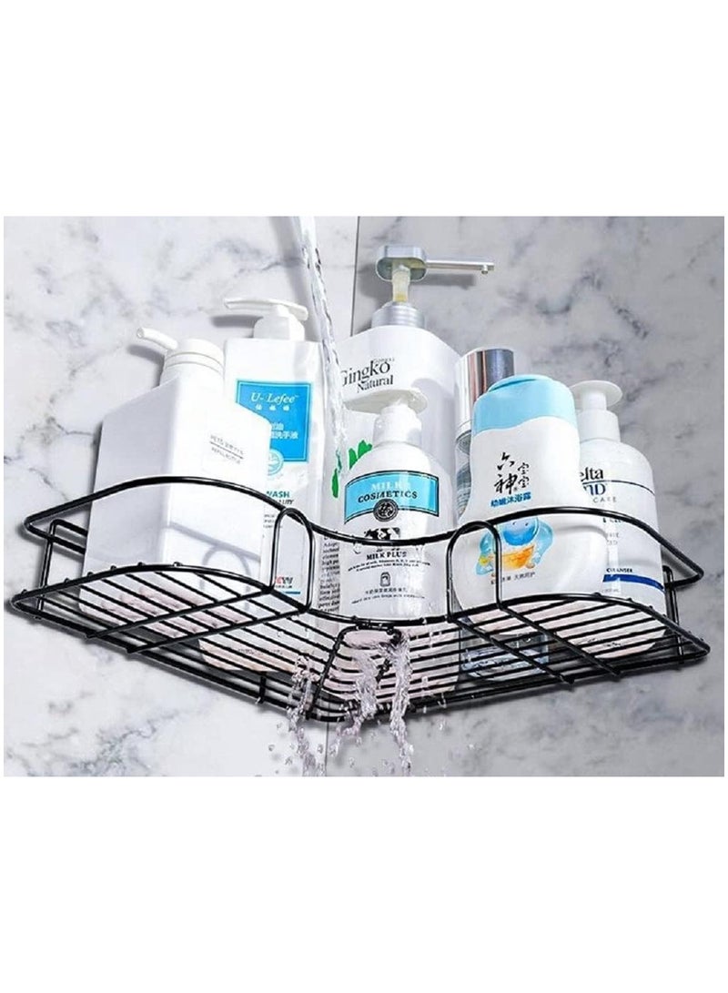 رف حمام 2 قطعة مثالي لتخزين أدوات التجميل، رف معدني لاصق على الحائط وفي الزاوية، رف تخزين وحامل للشامبو، للمطبخ والحمام ستانلس ستيل، (عبوة من قطعتين) أسود - Image 2