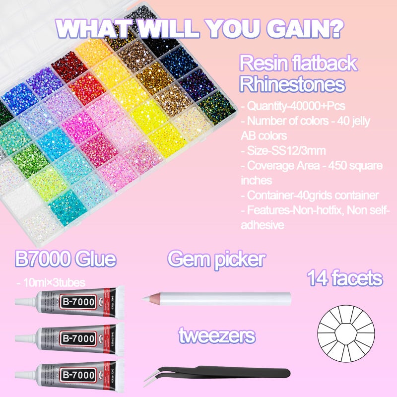 DEWJDFSC 40000+Pcs Resin Jelly Rhinestones for Bedazzling, 3mm Multicolor Flat Back Gems Bedazzler Kit with 3Pcs 10ml B7000 Jewelry Glue, Colorful Bulk Jewels for Book Shoes Crafts Tumblers Nail Art DIY - Image 2