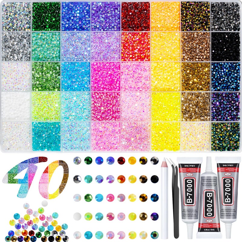 DEWJDFSC 40000+Pcs Resin Jelly Rhinestones for Bedazzling, 3mm Multicolor Flat Back Gems Bedazzler Kit with 3Pcs 10ml B7000 Jewelry Glue, Colorful Bulk Jewels for Book Shoes Crafts Tumblers Nail Art DIY - Image 1
