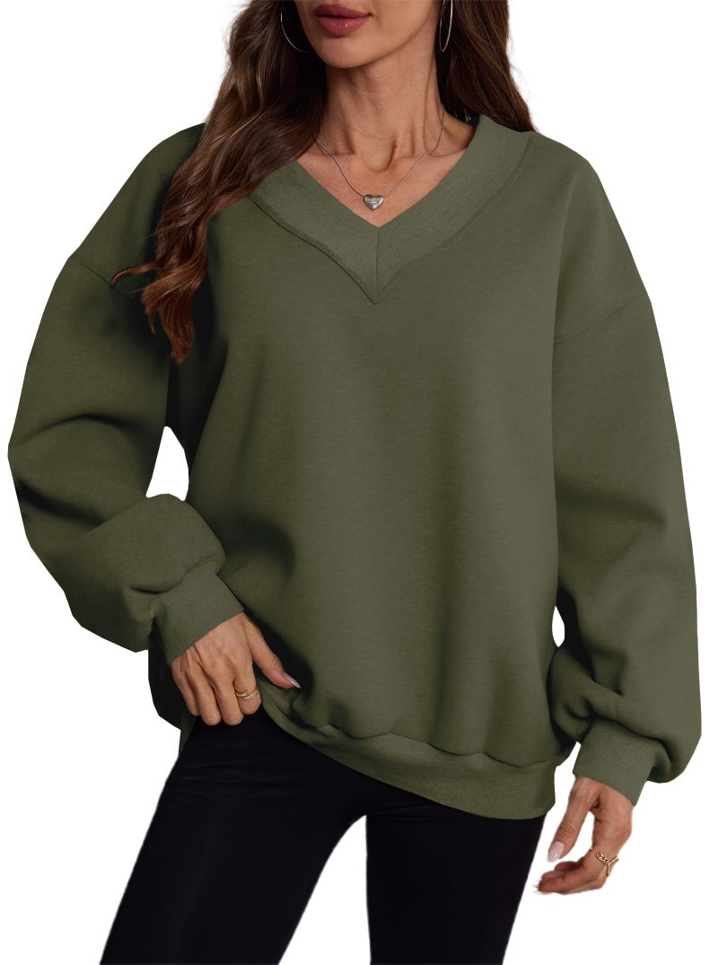 Hilinker Womens V Neck Oversized Sweatshirts Pullover Cute Drop Shoulder Long Sleeve Tops Army Green Large - Image 5