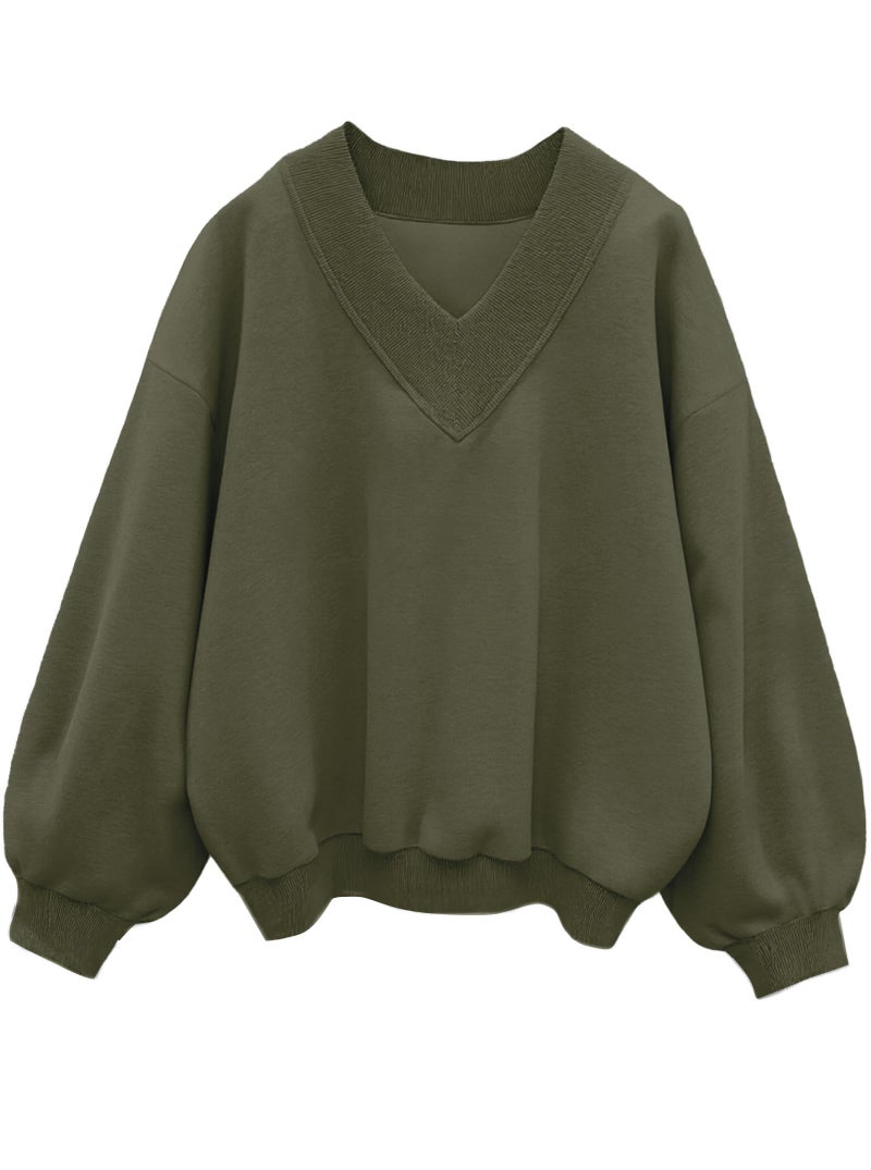 Hilinker Womens V Neck Oversized Sweatshirts Pullover Cute Drop Shoulder Long Sleeve Tops Army Green Large - Image 1