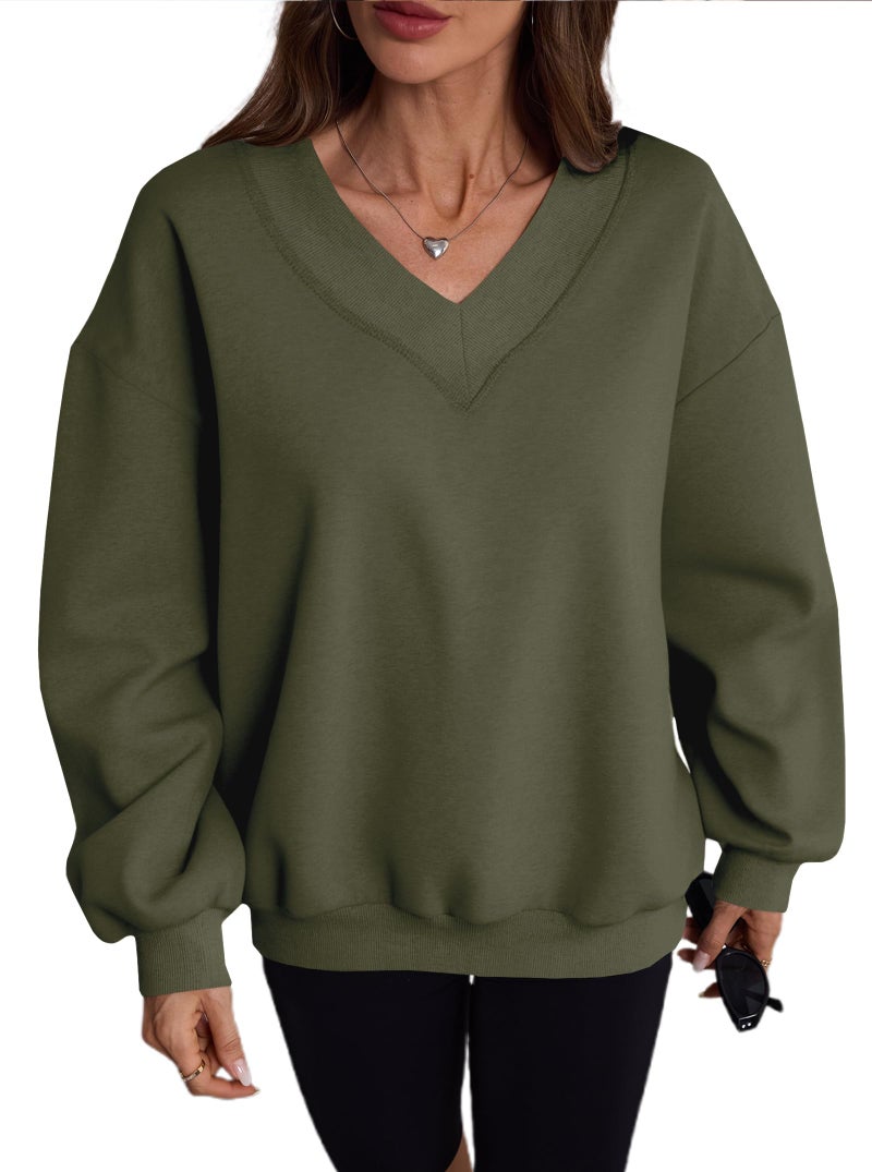 Hilinker Womens V Neck Oversized Sweatshirts Pullover Cute Drop Shoulder Long Sleeve Tops Army Green Large - Image 3