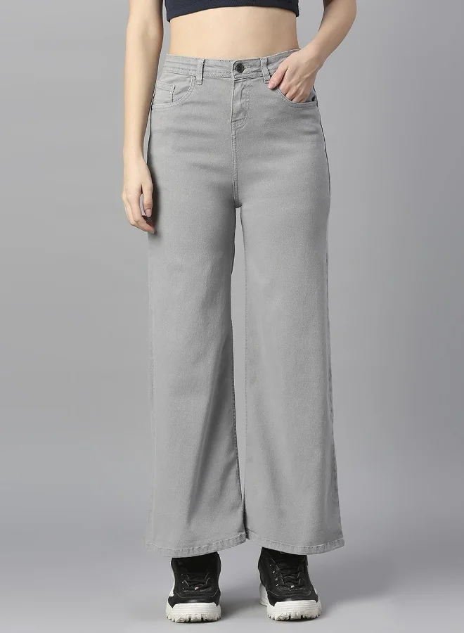 HIGH STAR Women Grey Wide Leg High-Rise Stretchable Cotton Jeans