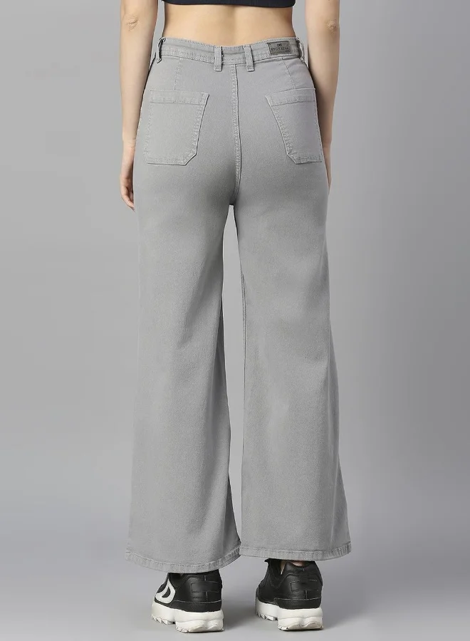 HIGH STAR Women Grey Wide Leg High-Rise Stretchable Cotton Jeans