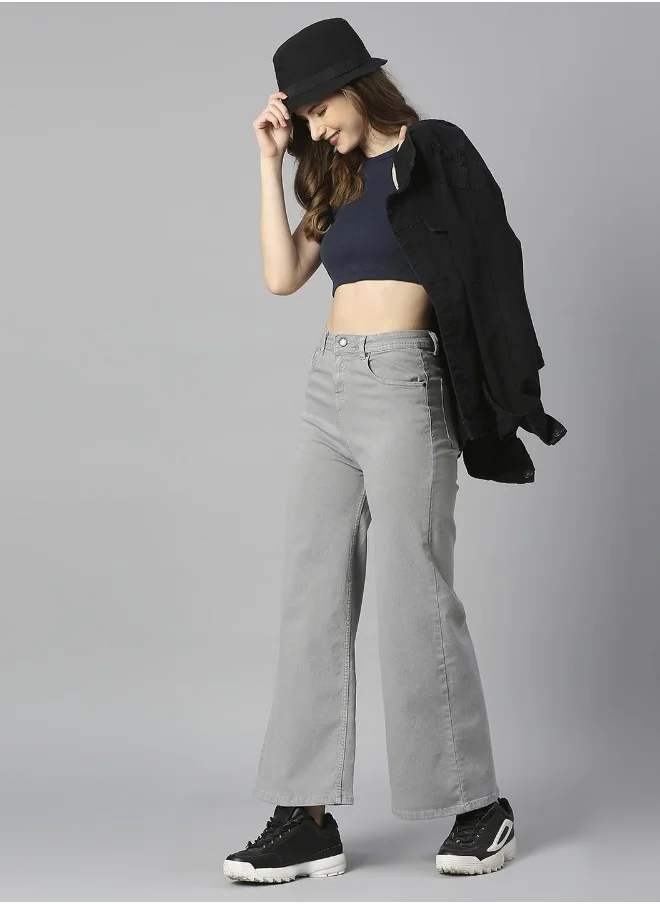 HIGH STAR Women Grey Wide Leg High-Rise Stretchable Cotton Jeans