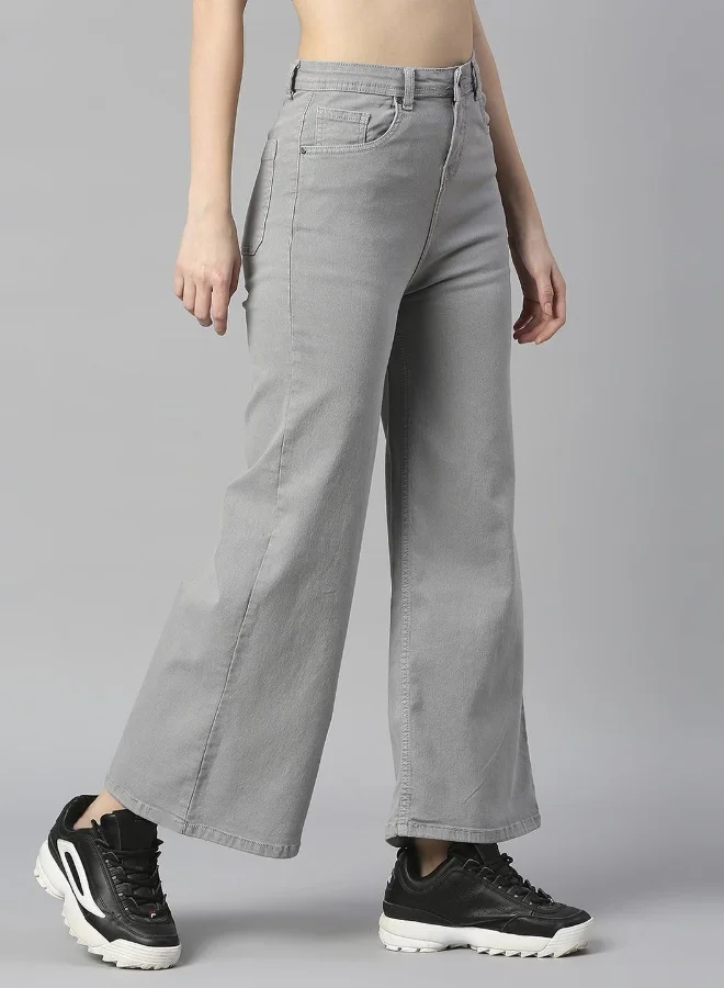 HIGH STAR Women Grey Wide Leg High-Rise Stretchable Cotton Jeans