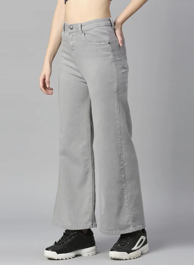 HIGH STAR Women Grey Wide Leg High-Rise Stretchable Cotton Jeans