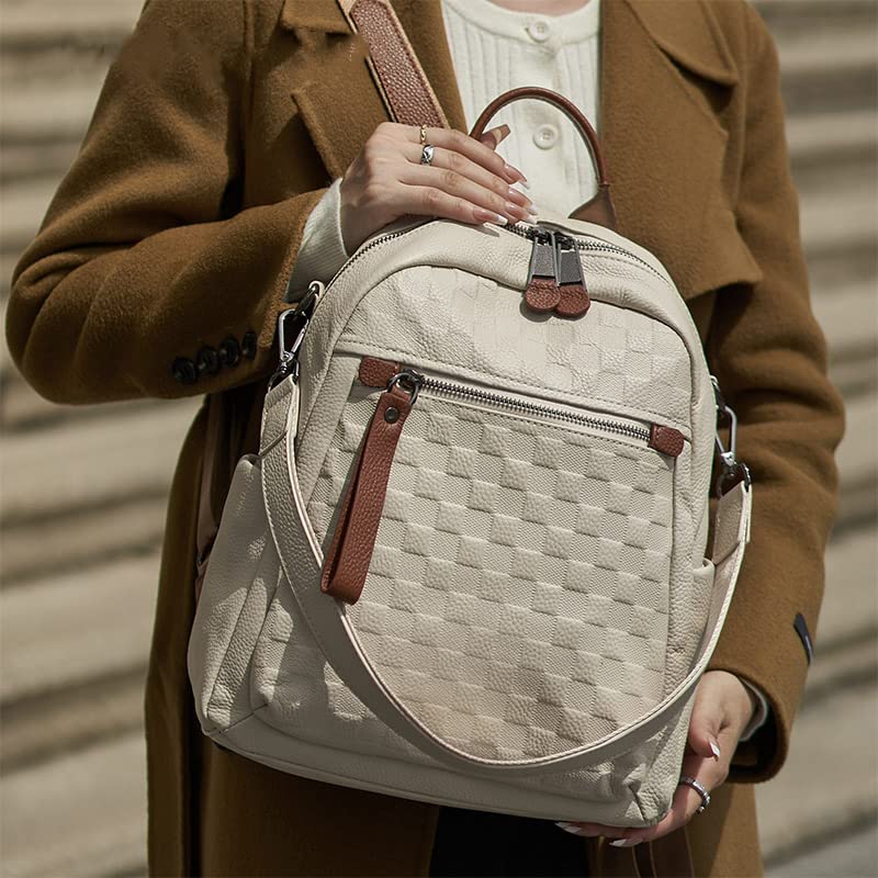Wesccimo Genuine Leather Backpack Purse For Women Beige Real Soft Leather Checkered Designer Convertible Shoulder Bag - Image 2