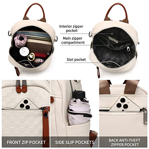 Wesccimo Genuine Leather Backpack Purse For Women Beige Real Soft Leather Checkered Designer Convertible Shoulder Bag - Image 5