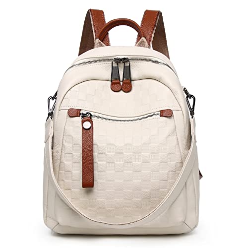 Wesccimo Genuine Leather Backpack Purse For Women Beige Real Soft Leather Checkered Designer Convertible Shoulder Bag - Image 1