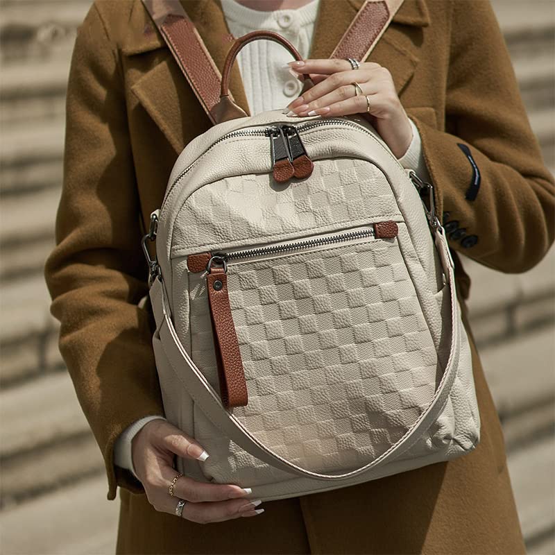 Wesccimo Genuine Leather Backpack Purse For Women Beige Real Soft Leather Checkered Designer Convertible Shoulder Bag - Image 3