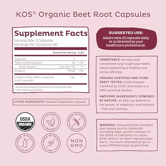 KOS Organic Beetroot Capsules 1500mg - USDA Organic, Antioxidant Power from Organic Beet Root Superfood, Supports Healthy & Active Lifestyle - Non-GMO, Vegan and Keto Friendly - 180 Capsules - Image 3