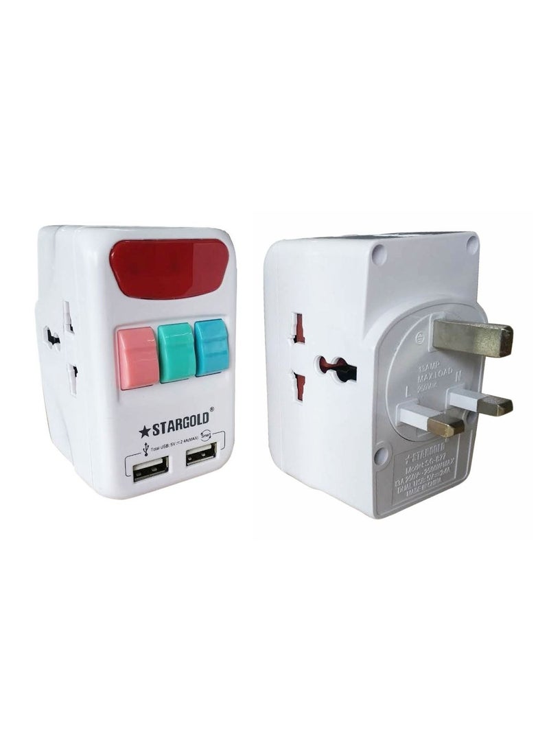 Stargold - Versatile 3 Way Universal Multi Power Adapter with 2 USB Ports 2.4A Each and 13A UK Plug 2500W Individual Switch - Image 1