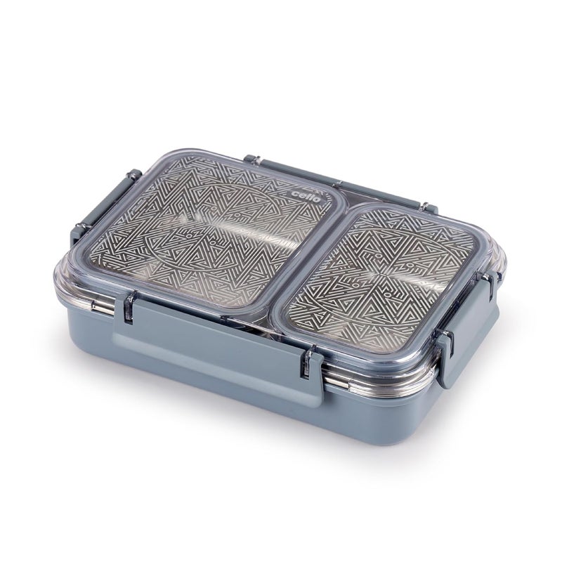 Cello CELLO Duo Medium PU Insulated Lunch Box | Inner Stainless Steel Compartment | Unbreakable Lid with with 4 Sided Click Locks | Ideal for College,Office, Outdoor Activities | Grey, Set of 1  - Image 2