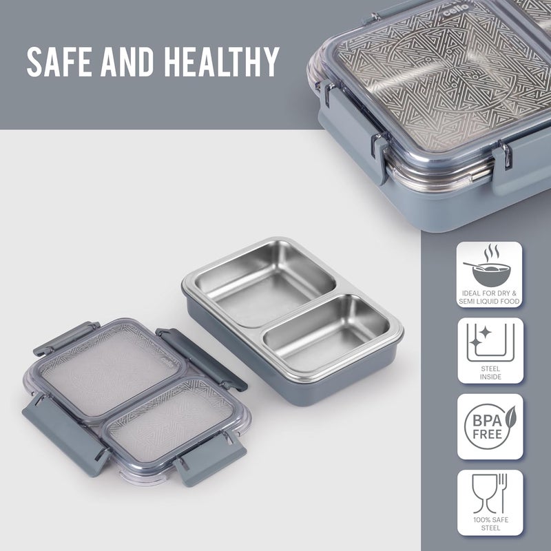 Cello CELLO Duo Medium PU Insulated Lunch Box | Inner Stainless Steel Compartment | Unbreakable Lid with with 4 Sided Click Locks | Ideal for College,Office, Outdoor Activities | Grey, Set of 1  - Image 3