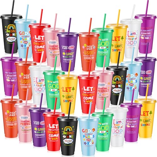 Uiifan 30 Pcs Christian Cups for Kids Bulk Reusable Plastic Tumblers with Lids and Straws Bible Verse Cups for Sunday School VBS Church Events Classroom Rewards Kids Party Multicolor - Image 1