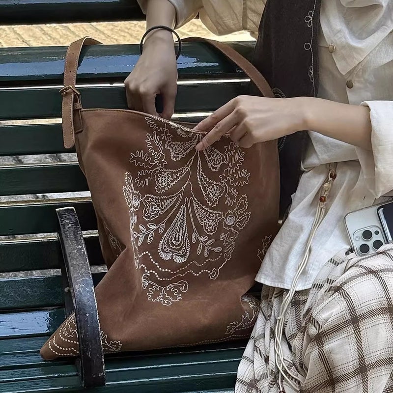 Bohemian Embroidered Faux Leather Tote Bag, Large Capacity, Shoulder & Crossbody Bag for Women - Image 3