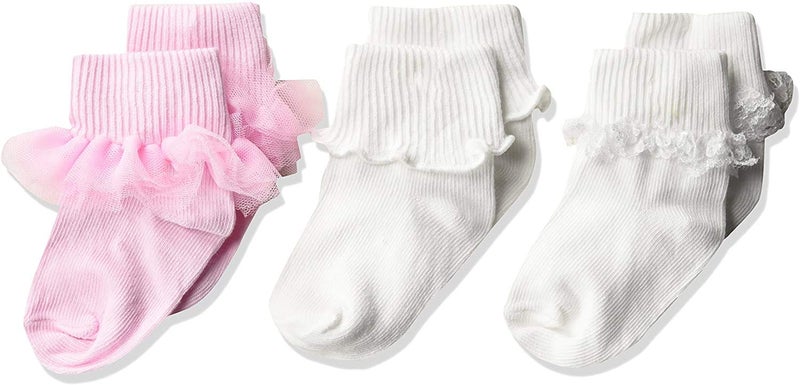 Jefferies Socks Girls' Ruffle/Ripple Edge/lace Baby Socks 3 Pack, Pink/White, 3-12 Months (2188)