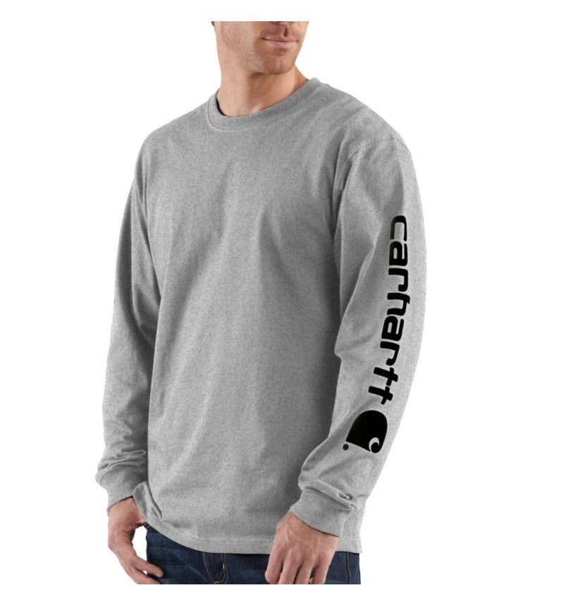 Carhartt Mens Loose Fit Heavyweight Long-Sleeve Logo Sleeve Graphic T-Shirt Fashion t Shirts, Heather Grey, X-Large Tall US