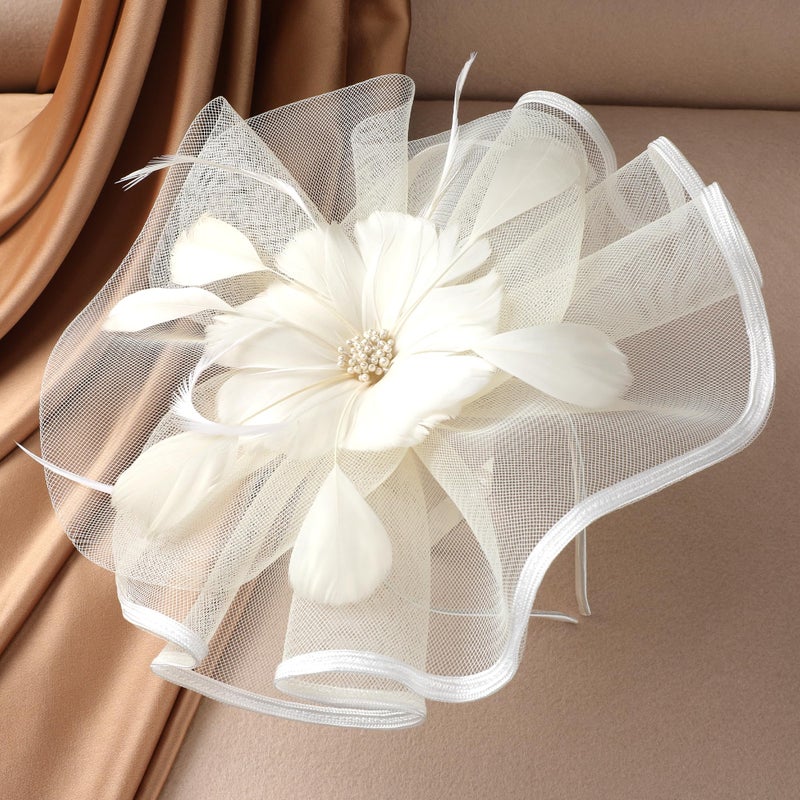 Zinniday Flower Tea Party Hat for Women, 2026 Derby Fascinators Headband with Hair Clip, Feather Kentucky Hats for Ladies Cocktail Wedding Accessories (Beige - Image 3