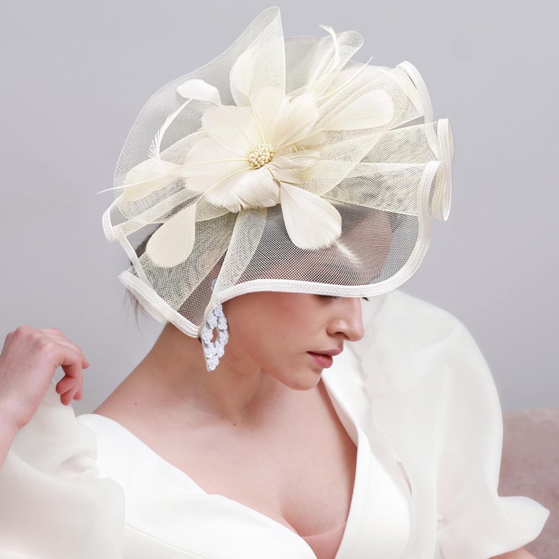 Zinniday Flower Tea Party Hat for Women, 2026 Derby Fascinators Headband with Hair Clip, Feather Kentucky Hats for Ladies Cocktail Wedding Accessories (Beige - Image 2