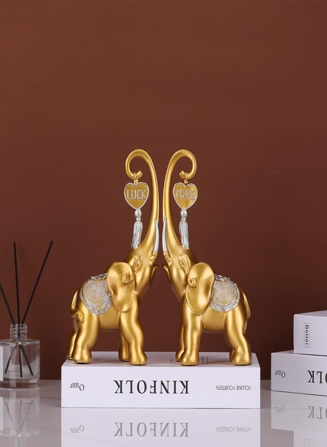 DOVDOV Gold Elephant Statue, Love Elephant Sculpture Set of 2, Gold Home Decor for Office TV Stand Bookshelf Office Divider Desktop Centerpiece. - Image 4