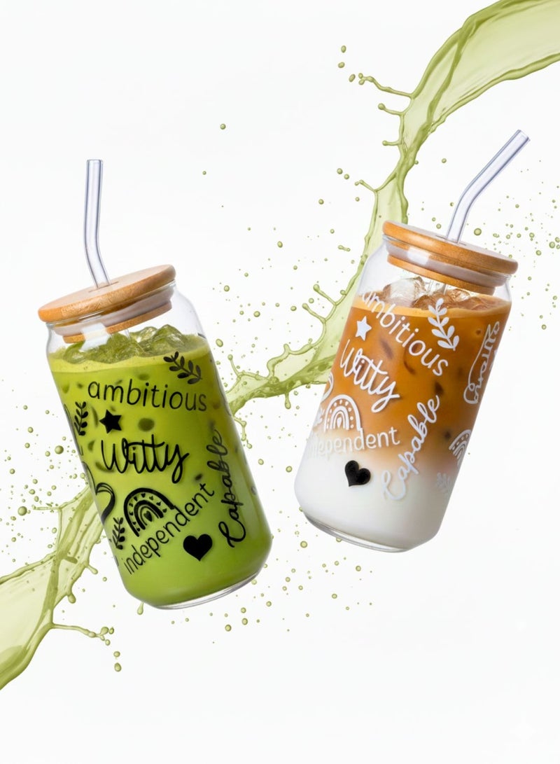 1Chase Set of 2 - 550 ML  Borosilicate Positive Qotes Themed Sipper Glasses  with Bamboo Lids & Glass Straws - Image 2