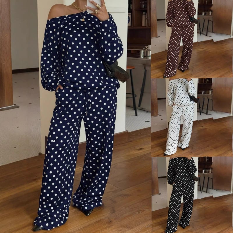 Women's Off-Shoulder Polka Dot Long Sleeve Tracksuit Set with Pockets & Drawstring - Image 1