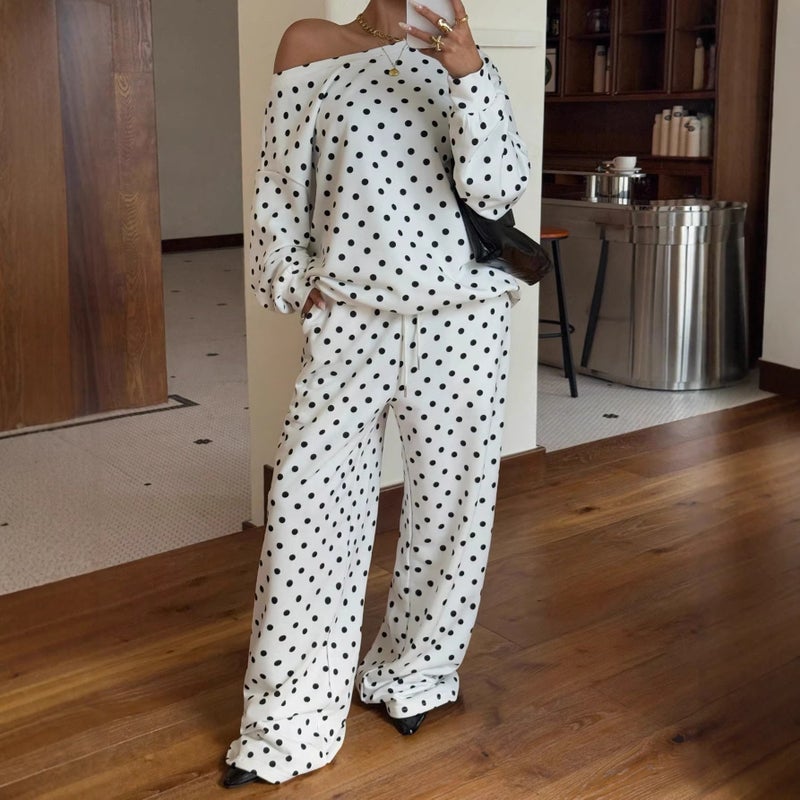 Women's Off-Shoulder Polka Dot Long Sleeve Tracksuit Set with Pockets & Drawstring - Image 3
