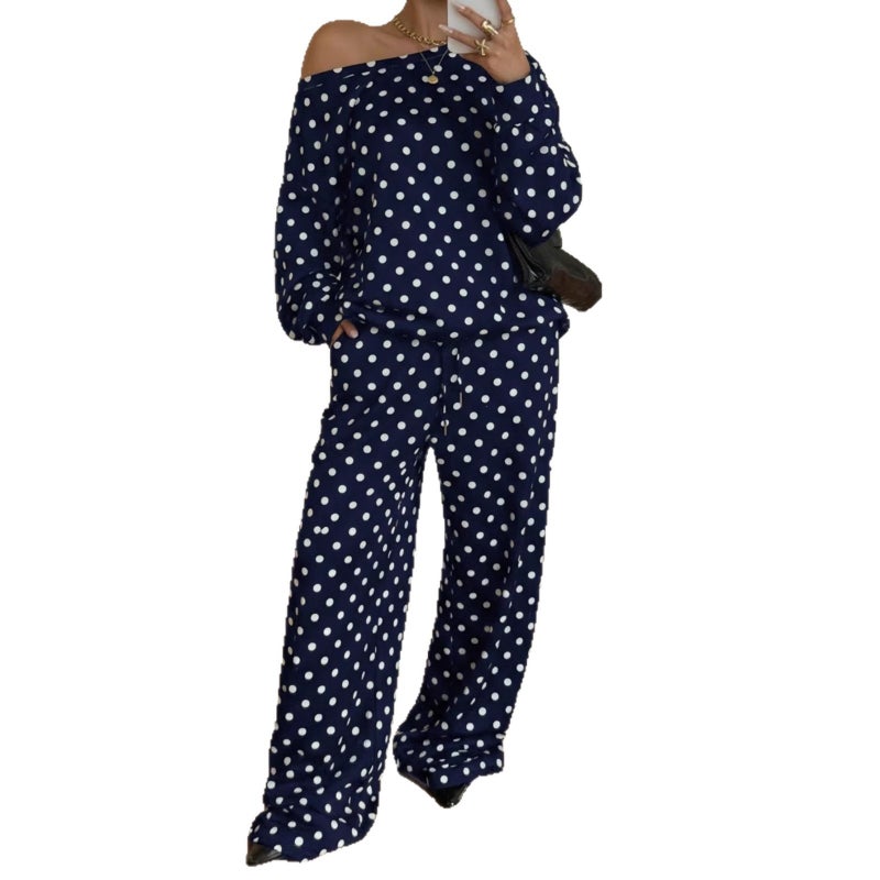 Women's Off-Shoulder Polka Dot Long Sleeve Tracksuit Set with Pockets & Drawstring - Image 5