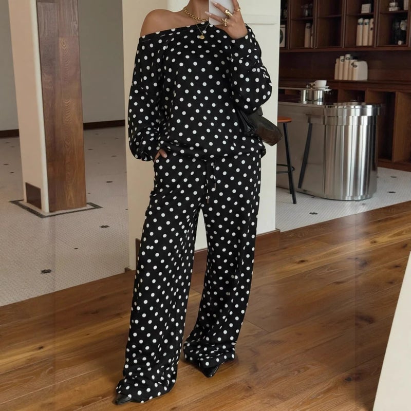 Women's Off-Shoulder Polka Dot Long Sleeve Tracksuit Set with Pockets & Drawstring - Image 2