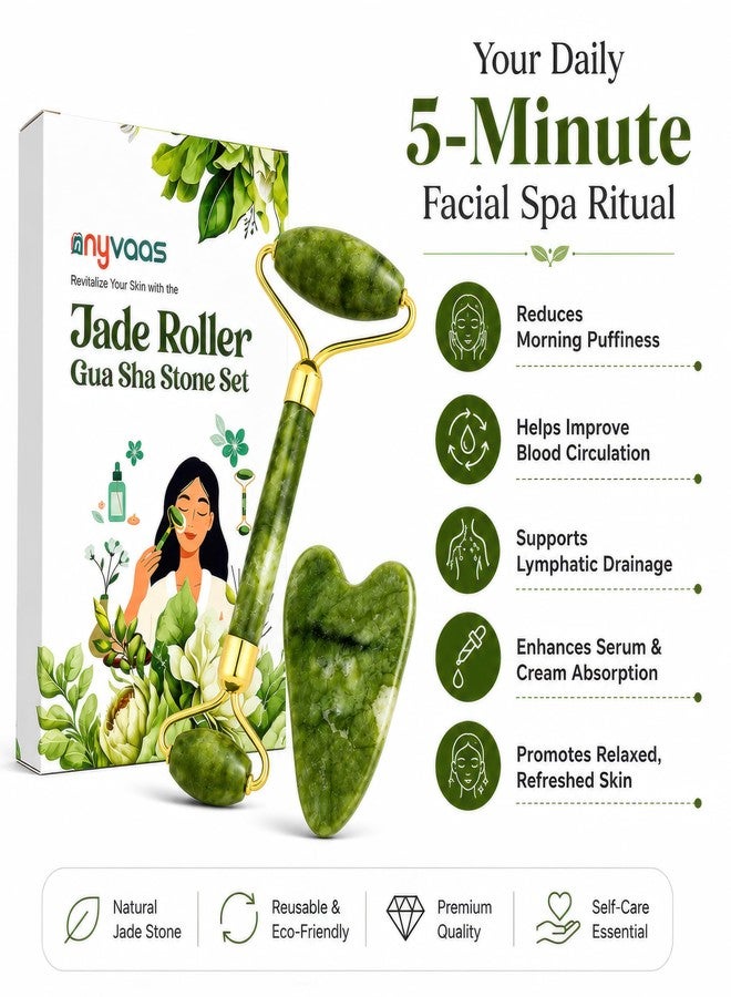 NYVAAS Store Nyvaas Jade Roller & Gua Sha Stone Set, Natural Green Jade, Facial Massage Tool for Skin Tightening & Anti-Aging, Unisex, 2 Piece Set - Image 1