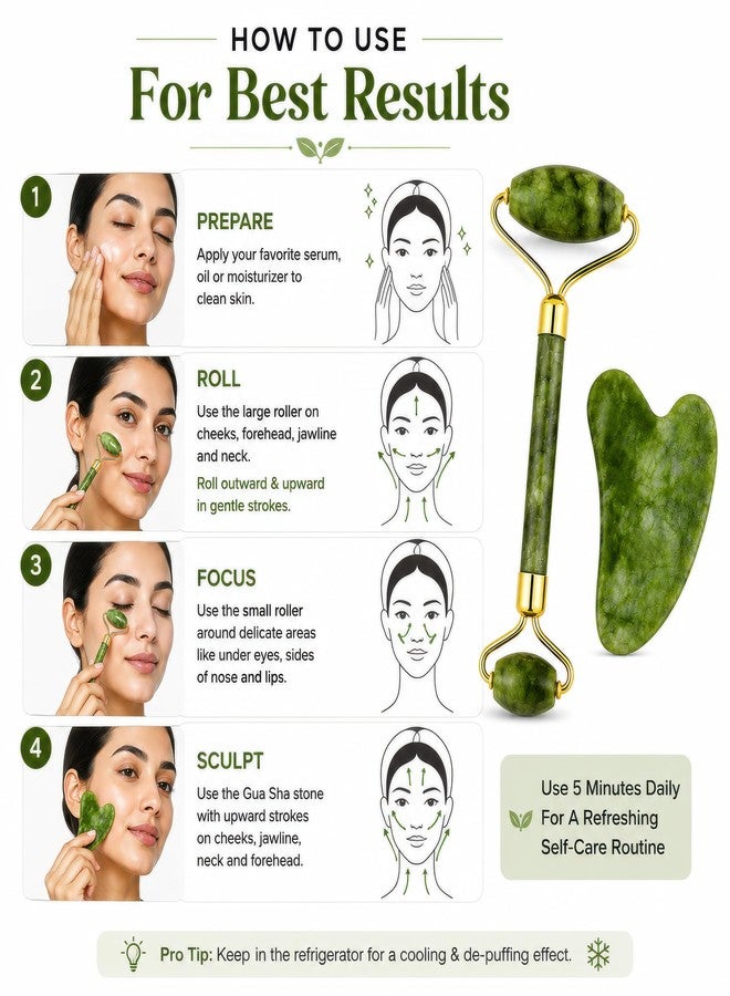 NYVAAS Store Nyvaas Jade Roller & Gua Sha Stone Set, Natural Green Jade, Facial Massage Tool for Skin Tightening & Anti-Aging, Unisex, 2 Piece Set - Image 3