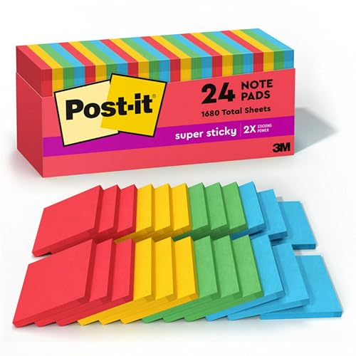 Post It Post-it Super Sticky Notes, 24 Sticky Note Pads, 3 x 3 in., School Supplies and Office Products, Ideal for Textbooks, Notebooks, Walls and Vertical Surfaces, Playful Primaries Collection - Image 1