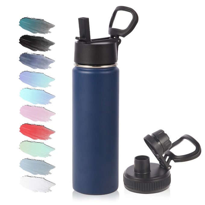 20OZ INSULATED STAINLESS STEEL WATER BOTTLE WITH STRAW LID KIDS WIDE MOUTH DOUBLE WALL VACUUM CUPS WITH HANDLEREUSABLE OUTDOOR SPORTS METAL BOTTLESTRAVEL FLASK KEEP COLDHOTNAVY1