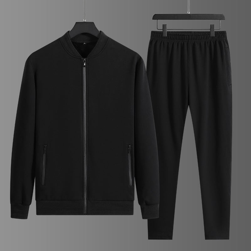 Cross-border Mens Autumn and Winter suit Casual All-match Sports Cardigan Jacket Long-sleeved Trousers Middle-aged and Elderly Two-piece Set for Men Black - Image 1