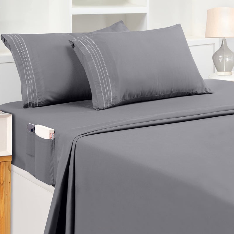 Utopia Bedding Full Sheet Set - Soft Microfiber 4 Piece Luxury Bed Sheets with Deep Pockets - Embroidered Pillow Cases - Side Storage Pocket Fitted Sheet - Flat Sheet (Grey)