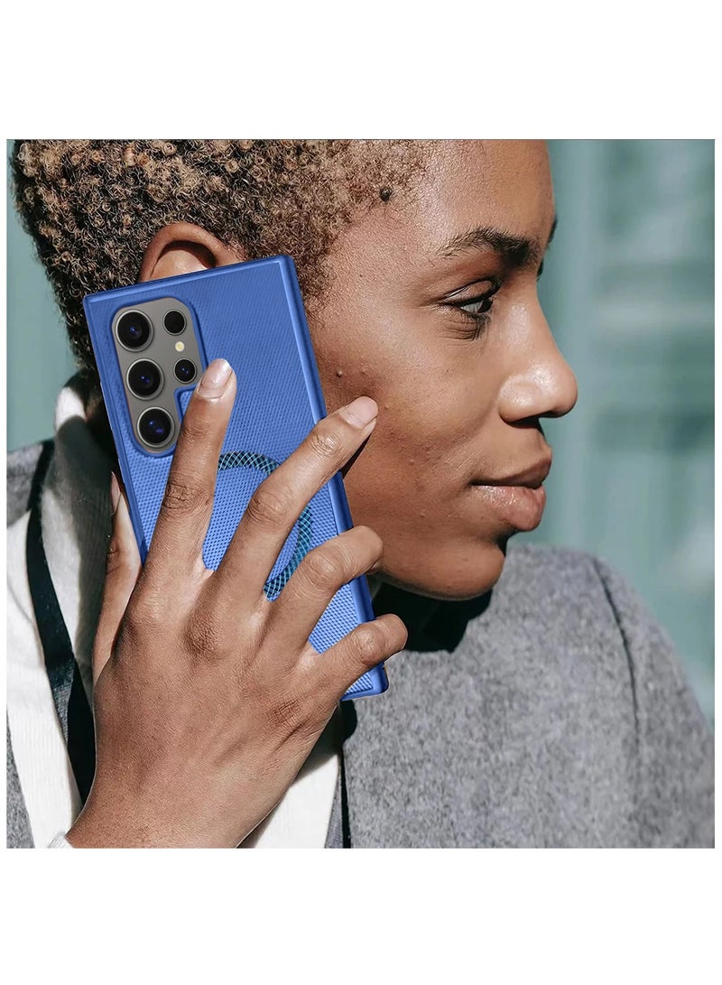 Wtech Samsung Galaxy S25 Ultra 5G 2025 Support Wireless Charging Magnetic Cover Texture PU Leather  Phone Case Cover (MCMPMN) - Navy Blue - Image 3