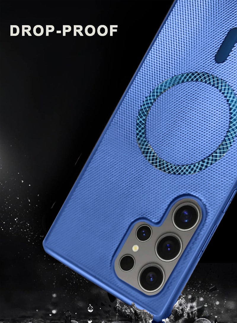 Wtech Samsung Galaxy S25 Ultra 5G 2025 Support Wireless Charging Magnetic Cover Texture PU Leather  Phone Case Cover (MCMPMN) - Navy Blue - Image 2