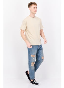 Fudo Men Crew Neck Short Sleeve Brand Logo T-Shirt, Beige  - Image 3
