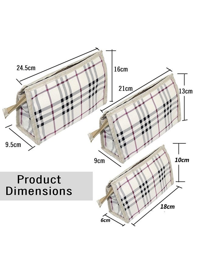 STACKRAID Polyester Set of 3 Difference Size Multipurpose Travel Pouch Toiletry Shaving Cosmetic Makeup Kit Zipper Stationary Case Pen/Pencil/Cosmetics Pouch - Ivory (Checks Design) - Image 2