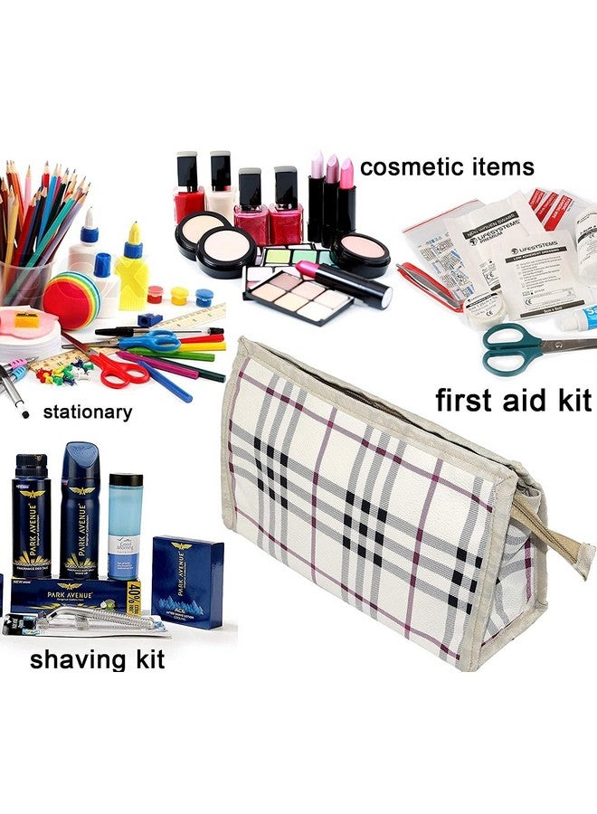 STACKRAID Polyester Set of 3 Difference Size Multipurpose Travel Pouch Toiletry Shaving Cosmetic Makeup Kit Zipper Stationary Case Pen/Pencil/Cosmetics Pouch - Ivory (Checks Design) - Image 4