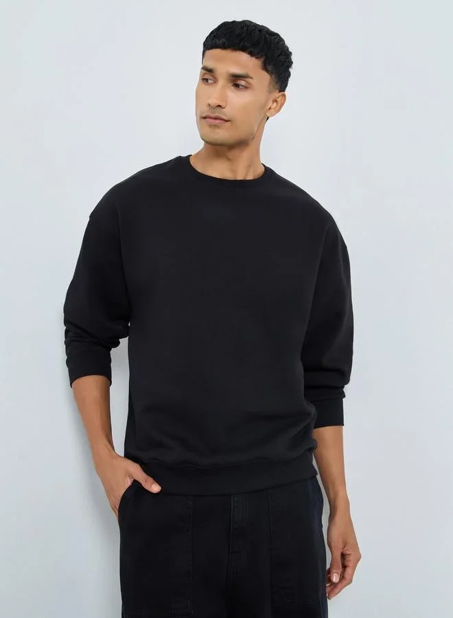 Styli Black Embroidered Boxy Fit Sweatshirt