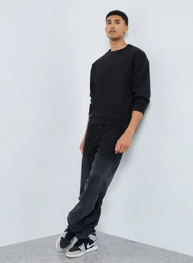 Styli Black Embroidered Boxy Fit Sweatshirt