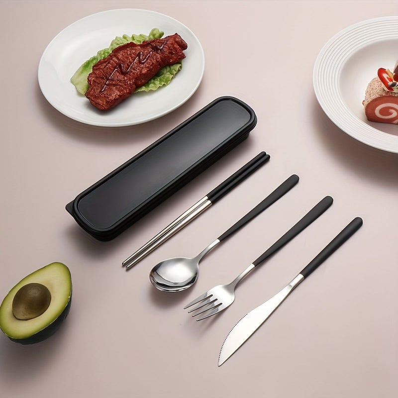 A 6 Piece Stainless Steel Cutlery Set With Knife Fork Spoon And Chopsticks In A Portable Storage Box And Bag For Outdoor Picnic Camping Travel Students - Image 2