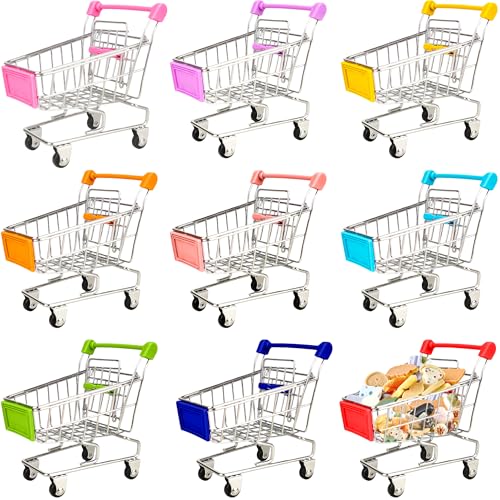 Flahard 9 Pcs Mini Shopping Cart Tiny Supermarket Handcart Desk Shopping Cart Toys Bulk for Kids Desk Decoration Doll House Cosplay Accessory 9 Colors - Image 1