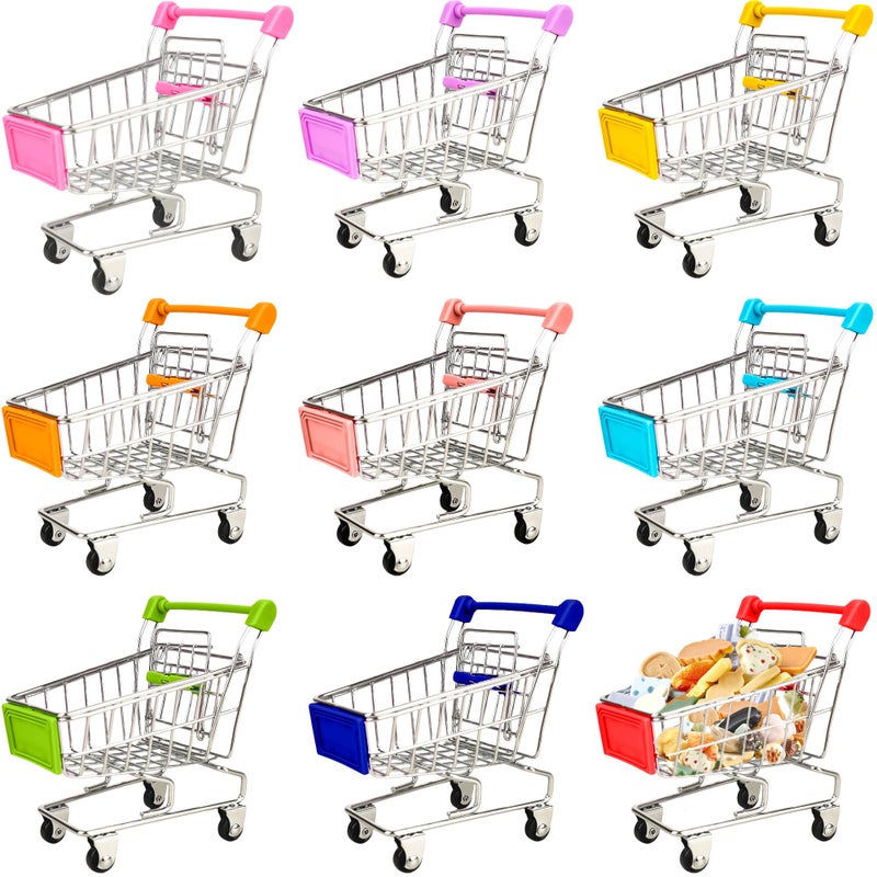 Flahard 9 Pcs Mini Shopping Cart Tiny Supermarket Handcart Desk Shopping Cart Toys Bulk for Kids Desk Decoration Doll House Cosplay Accessory 9 Colors - Image 3